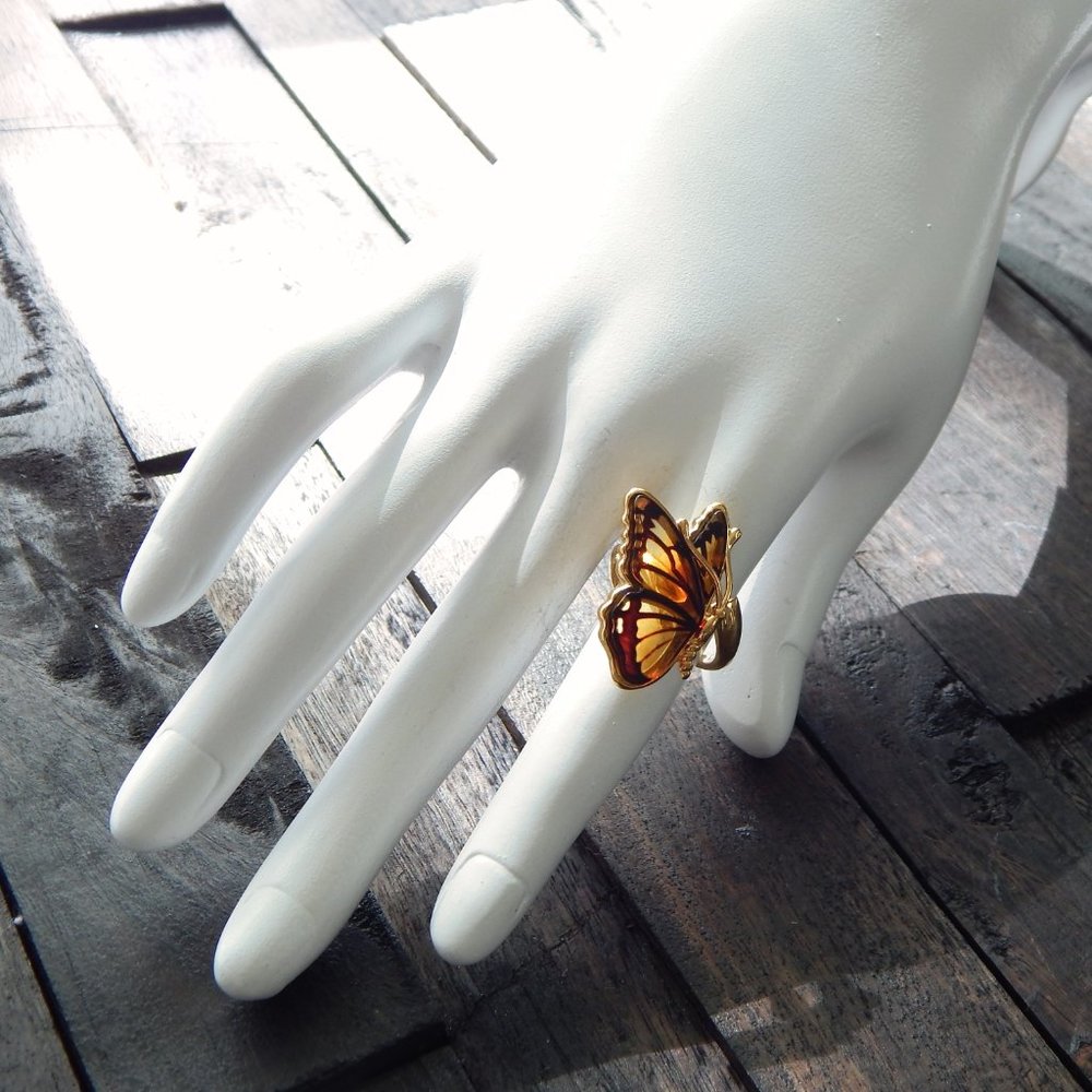 Natural Baltic Amber 14K Gold Plated Adjustable Butterfly Ring - Picture 5 of 6